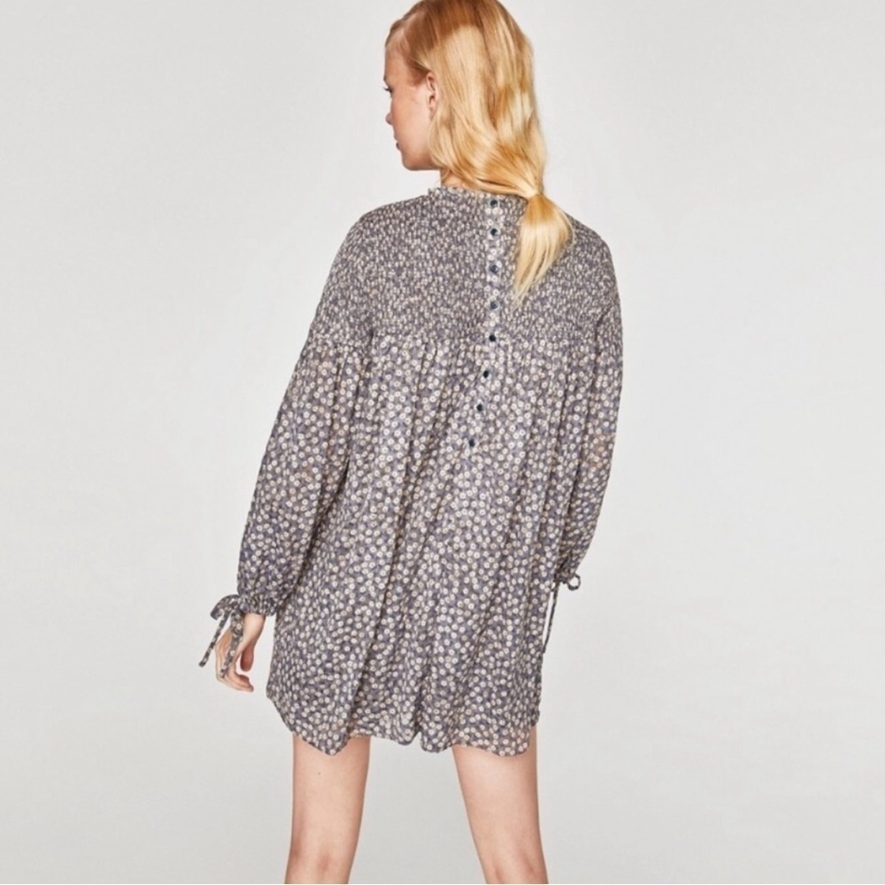 NEW Zara Mini Floral Smocked Romper Long Sleeve XS Built-in Shorts Mini Dress - Picture 10 of 16